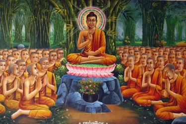 Maleri, der forestiller Buddhas undervisning til munkene Udong Cambodge
