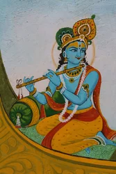 Maleri, der forestiller Krishna på en båd. Indien
