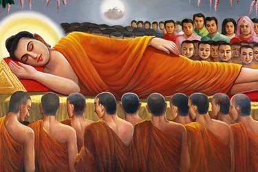 Maleri af en liggende Buddha i Wat Toul Tompong Phnom Penh Cambodge