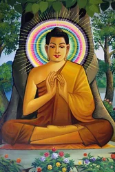 Maleri, der forestiller en siddende Buddha i Wat Than Phnom Penh Cambodge