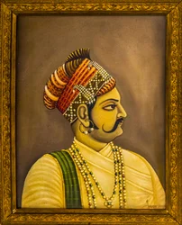 Malerier af Maharajaer i City Palace, Jaisalmer, en eksotisk by i Thar-ørkenen, Jaisalmer, Rajasthan, Indien, Asien (foto)