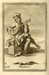 Pandura-strengeinstrument af byzantinsk oprindelse, forfader til mandolin. I "Gabinetto Armonico" af Filippo Bonanni, Rom