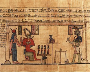 Papyrus fra Ousirours Første Bog om Åndedrættet, Thoth vejer Ousirours sjæl foran Isis og Osiris