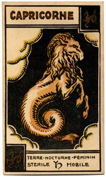 Paranormalt. Astrologi. Stenbukken (Havet fik). Astrologisk kort fra: Le Tarot Astrologique (Astrologisk Tarot), af Georges Muchery, Frankrig