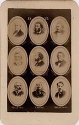 Paris Commune (1871): portræt af franske politikere fra Socialistpartiet: fra venstre mod højre og fra top til bund: Etienne Arago, Jules Ferry, Jules Simon, Jules Favre, Leon Gambetta, hector Cremieux, Pelletan, Trochu og Rochefort. Print på pap