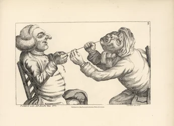 Læge griner, mens han trækker en patients tand ud med en snor. Kobberstik efter en satirisk illustration af Timothy Bobbin (John Collier) (1708-1786) fra Human Passions Delineated, John Haywood, Manchester