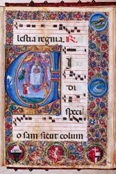 Piccolomini Bibliotek: Korbog, torsk. 15.Q., ff. 64r med "Assumption of the Virgin", af Guidoccio Cozzarelli og Bernardino Cignoni.