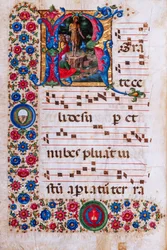 Piccolomini Bibliotek: korbog, torsk. 18.3, ff. 45v med "Forkyndelse af Johannes Døberen", af Girolamo da Cremona.