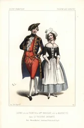 Pierre-Cheri Lafont i rollen som Frontin og Madame Bressant eller Augustine Dupont som Marinette i Theophile Gautiers Le Tricorne Enchante, Theatre des Varietes