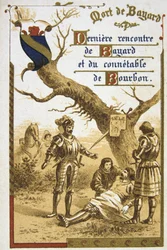 Pierre Terrail, Seigneur de Bayard (1475-1524) Fransk helt, "ridderen uden frygt og hævet over enhver bebrejdelse". 19. århundrede (handelskort i kromolitografi)