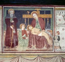 Pieta med St Anthony Abbed, fresco, Homo Salvadego museum, Sacco, Cosio Valtellino, Lombardiet, Italien
