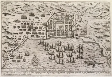 Plan for Drakes angreb på Santo Domingo, ca. 1595 (gravering)