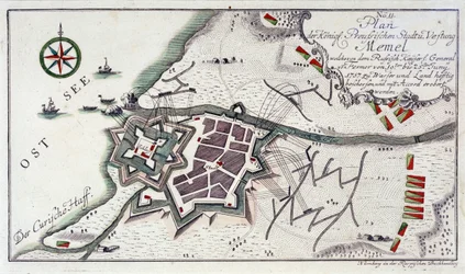 Plan over Memel (nuværende Klaipeda, Litauen) under byens overgivelse, 27. juni til 5. juli 1757. Etsning af vand i 1764-farver.