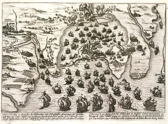 Plan over havnen i Cadiz i 1596 på tidspunktet for angrebet af Sir Walter Raleigh (gravering)