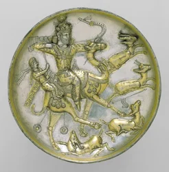 Tallerken med en jagtscene fra fortællingen om Bahram Gur og Azadeh, ca. 5. århundrede