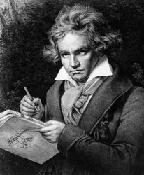 Portræt af Ludwig van Beethoven (1770-1827), tysk musiker, der komponerer Missa solemnis, baseret på et maleri af Karl Joseph Stieler (1781-1858).