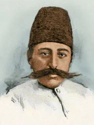 Portræt af Mozaffar ad-din (ad Din) (Mozaffer ed dine, Mozaffer-ed-dine, Mozzafar-al-Din, Mozzafar al-Din, Mozaffaredin) (1853-1907), shah af Iran mellem 1896 og 1907. Farvestik fra det 19. århundrede.
