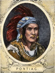 Portræt af Pontiac (eller Obwandiyag, ca. 1714-1769), høvding for indianerstammen Outaouais-indianerne fra Detroit (Ottawa-nationen). Farvestik fra det 19. århundrede.