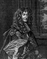 Portræt af prins Rupert Wittelsbach af Rhinen (1619-1682), hertug af Bayern, hertug af Cumberland, jarl af Holderness, tysk general og admiral, gravering