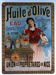 Plakat med reklame for olivenolie fremstillet i Nice, Frankrig