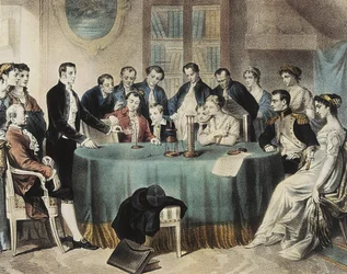 Voltas præsentation i 1801 af eksperimenterne med det elektriske batteri for førstekonsul Napoleon Bonaparte (kobberstik)