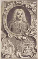 RM 7.f.5 George Frederick Handel (1685-1759), frontispice til "Israel in Egypt", graveret af Jacobus Houbraken (1698-1780)