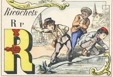 R : rikochetter - Spilalfabet, ca. 1890 (illustration)