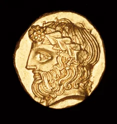 Sjælden antik græsk mønt, guld, thasos hemidrachm, Dionysos Vinens Gud c 380 BC (foto)