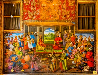 Modtagelse af Mughal-herskeren Humayun 1544, fresker med høviske scener og kampscener, Chehel Sotoun-paladset, Isfahan, Isfahan, Iran, Asien (foto)