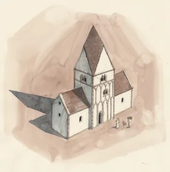 Rekonstruktionstegning af St. Peters Kirke under den angelsaksiske periode, Wales, Liam (20. århundrede) (akvarel på papir)