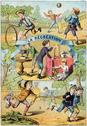 Fritid i skolegården. Indgravering i "Alphabet des petits ecoliers". Billeddannelse af Epinal, ca. 1885. Privee Collection