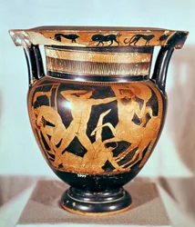 Vase med rød figur, der forestiller kampen mellem kentaurerne og Lapitherne, græsk (keramik) (for detaljer se 100351)