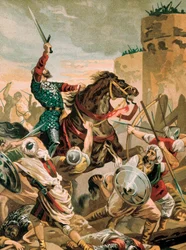 Repræsentation af Cid, Rodrigo Diaz de Vivar (1043-1099), spansk ridderhelt fra Reconquista under belejringen af Valencia mod saracenerne i 1099.