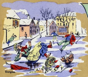 Beboere i en landsby glider på is om vinteren. Illustreret alfabet. Billeder genforenet i Jarville-Nancy, begyndelsen af det 20. århundrede. Mål: 40 x 29 cm. Litografi på bistre baggrund