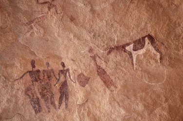 Klippekunst, forhistorie: Klippemaleri af en gruppe karakterer og en tofarvet ko med store horn i et udsmykket læ, i Uweinat-massivet, Egypten. (Periode fra 8000 til 3000 år f.Kr.). Fotografering
