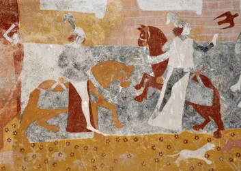 Romansk kunst: Fresker i begravelseskapellet Sainte Catherine de Jouhet, Vienne, Poitou-Charentes (Poitou Charentes), Frankrig. Mødet mellem de tre levende og de tre døde. (Den fortæller om mødet mellem de tre unge og rige riddere og de tre døde. "Hvad