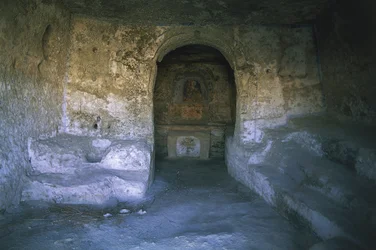 Ruiner af en kirke, Rocky Church, Matera, Basilicata, Italien
