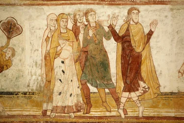 Saint-Savin sur Gartempes klosterkirke Skibshvælvingmaleri: Abraham adskilt fra sin nevø Loth (13. Gen., 8-9) Saint-Savin Frankrig