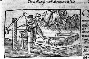 Saltproduktion: madlavning. Gravering af Olaus Magnus (1490 - 1557), svensk religiøs og geograf, "Historia de Gentis Septentrionalibus", Venedig