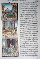 Sæt med udsmykninger og kejsernes fjerhovedbeklædning, side fra Florentine Codex, tosproget version på spansk og Nahuatl, General History of Things of New Spain, af den spanske missionær Fray Bernardino de Sahagun. Aztekisk civilisation