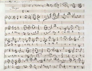 Nodeblad til Händels fuga fra et manuskript indeholdende to værker, af Domenico Scarlatti og af Friedrich Händel