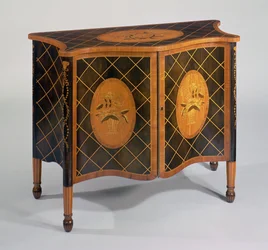 Sheraton harewood og intarsia serpentinkommode, ca. 1790