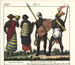 Shoua-kvinder med en baby, et spyd og en bueskytte fra Kanem-riget (Tchad og Libyen). Litografi til bogen: "Galerie complete en tableaux fideles des peuples d