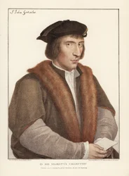 Sir John Godsalve, fra Norwich, Norfolk, engelsk politiker (d. 1556). Håndkoloreret kobberstik af Francis Bartolozzi efter Hans Holbein fra Faksimiles of Original Drawings by Hans Holbein, Hamilton, Adams, London