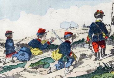 Snigskytter. Indgravering i "Børns militæralfabet"". Billedsprog af Pont-a-Mousson, ca. 1890. 20 sider. Sol: 28,5x21 cm