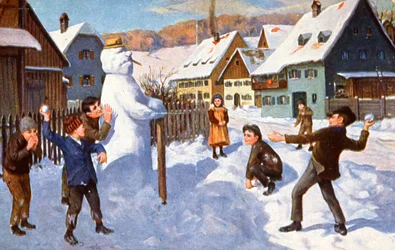Snemand og legende børn, ca. 1910 (postkort)