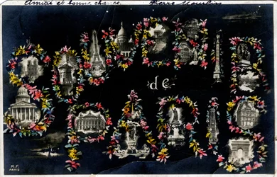 Souvenir fra Paris med forskellige bymonumenter - Postkort dateret 1905