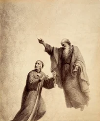 Sankt Bernhard viser Dante den velsignedes rose, hvor Beatrice sidder. Illustration af Canto XXXI i Paradiso i Den guddommelige komedie af Dante Alighieri. Værk af Francesco Scaramuzza dedikeret til Firenzes kommune.