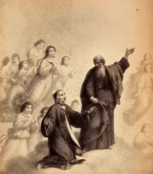 Bernhard, der smiler, beder Dante om at se op i det høje; digteren knæler med åbne arme ved siden af helgenen; velsignede ånder omgiver dem. Illustration af Canto XXXIII i Paradiso i Den guddommelige komedie af Dante Alighieri. Værk af Francesco Scaramuzza