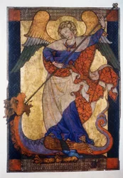 Sankt Mikael besejrer dragen - Pergament, ca. 1330, Staatliche Museen Kupferstichkabinett, Berlin